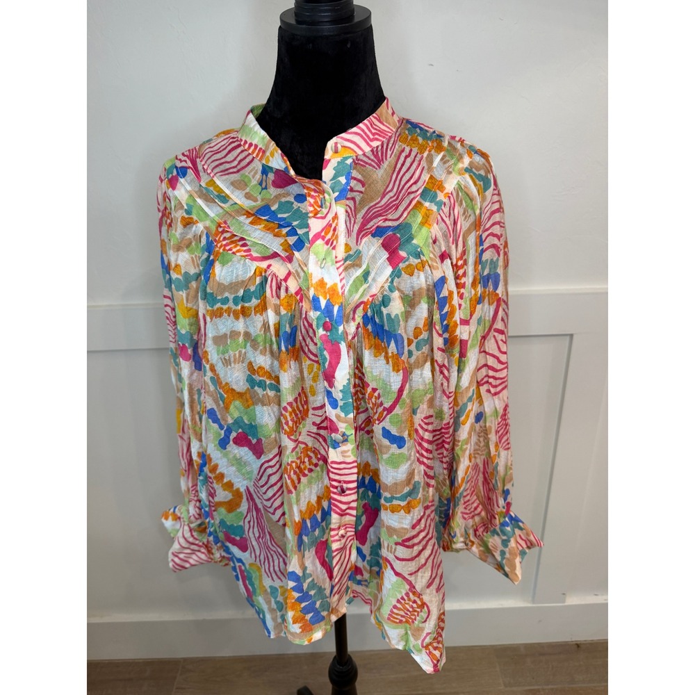 Ee:some Los Angeles Abstract Print Pintuck Blouse Multi-Color Boho Top Large - Picture 2 of 7